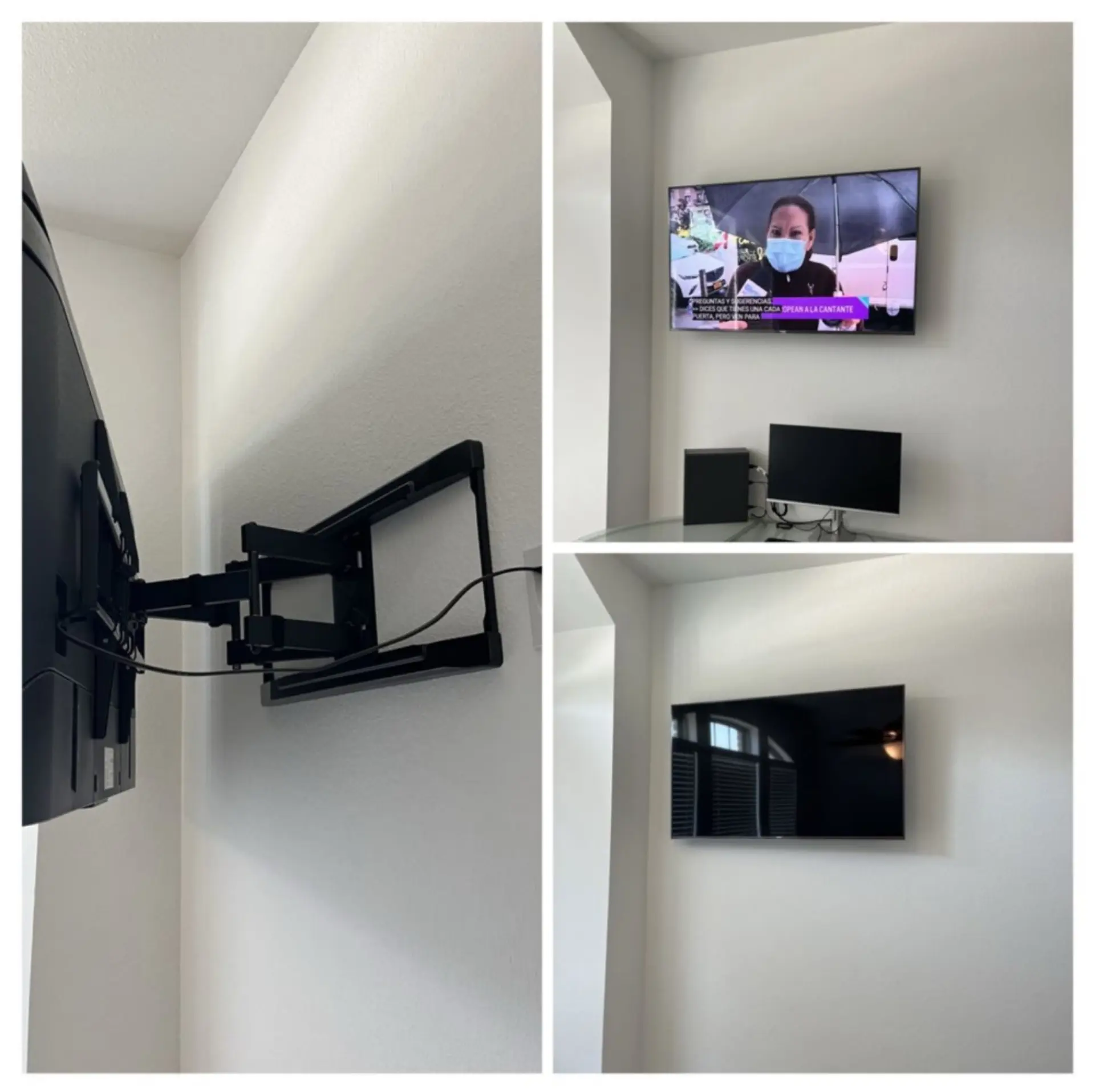 Full-motion TV wall mount installation providing flexible viewing angles for open-concept floor plans in Katy, TX.